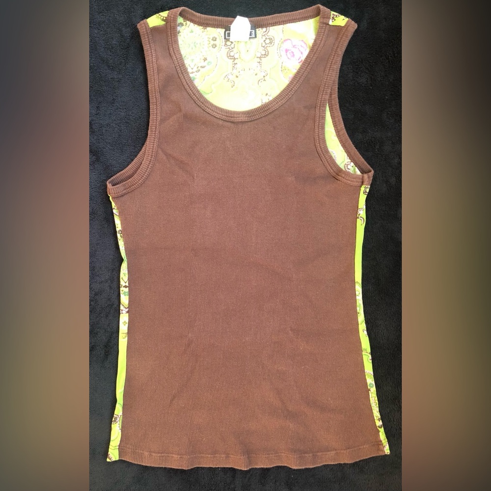Vixen Brown Tank Top Sheer Green Paisley Back L Boutique